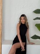 Kadın Halter Yaka Derin Yırtmaç Detaylı Tam Boy Ithal Krep Abiye Elbise resmi